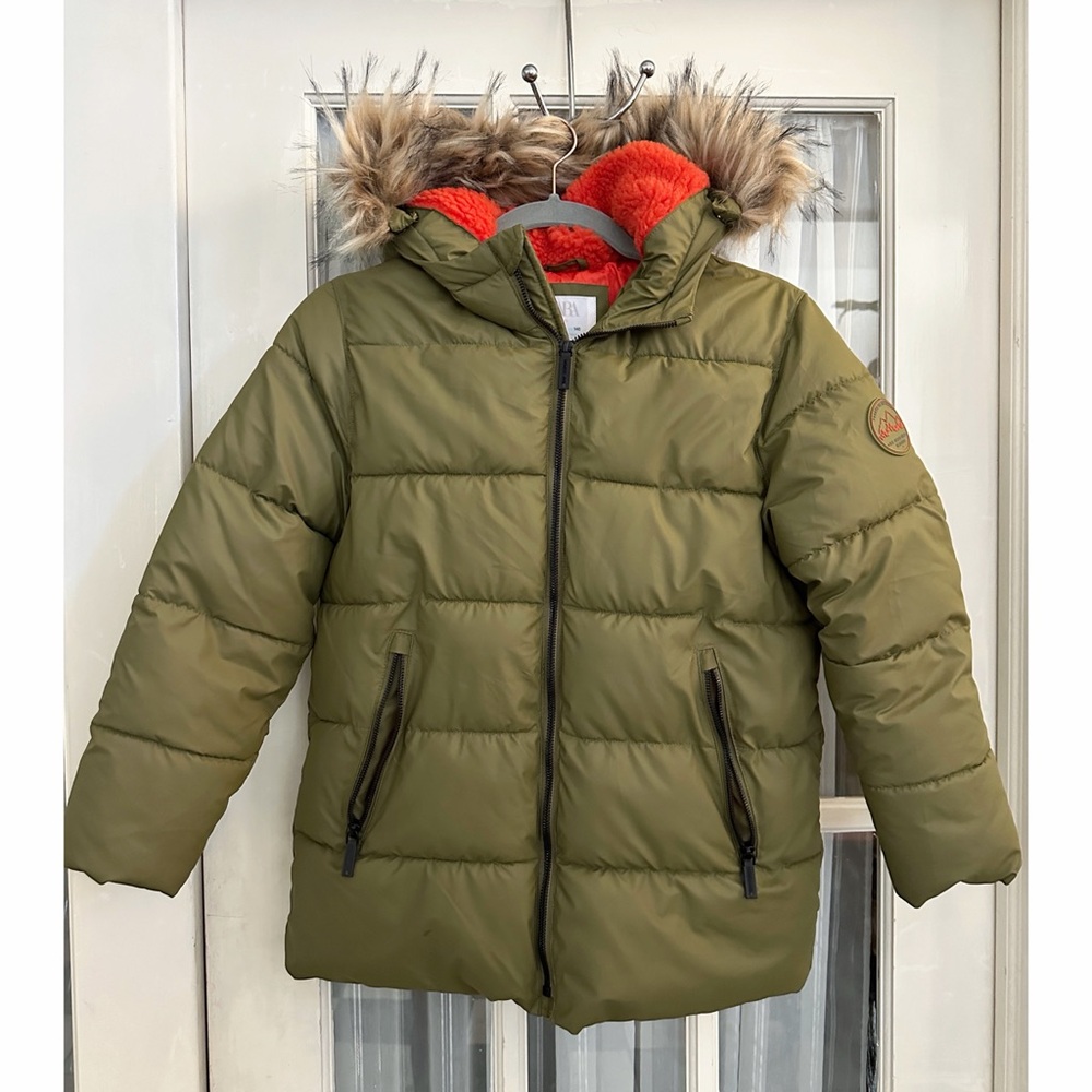 Zara Olive Green Puffer Jacket with Bright Orange Lining